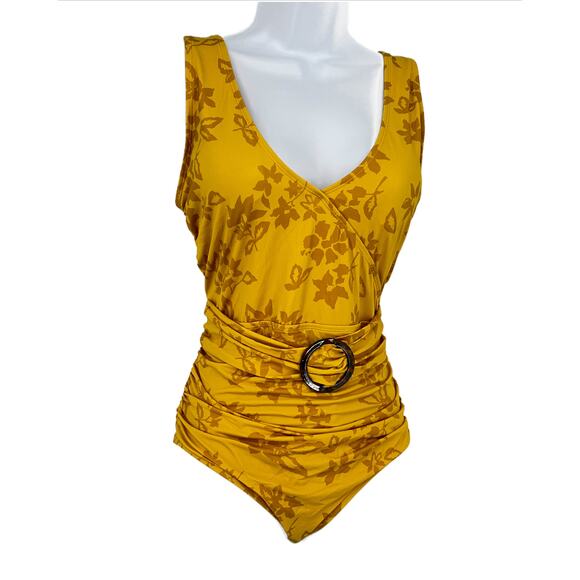 Swimsuit Classic Gathered Floral One-Piece in Floral 2 tone Yellow Print Size XL - Picture 1 of 8